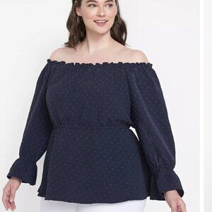 Lane Bryant Women's Size 18/20 Navy Blue Swiss Dot Off the Shoulder Peasant Top